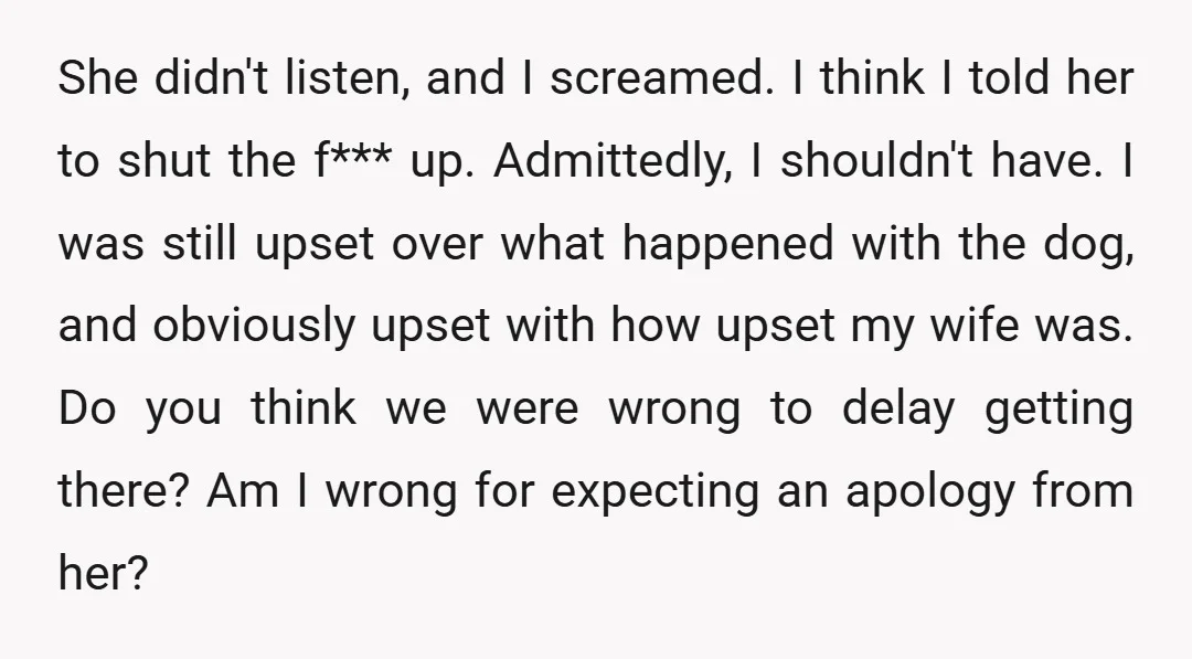 She didn't listen, and I screamed. I think I told her to shut the f*** up. Admittedly, I shouldn't have. I was still upset over what happened with the dog,...