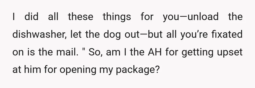 I did all these things for you—unload the dishwasher, let the dog out—but all you’re fixated on is the mail. " So, am I the AH for getting upset at...