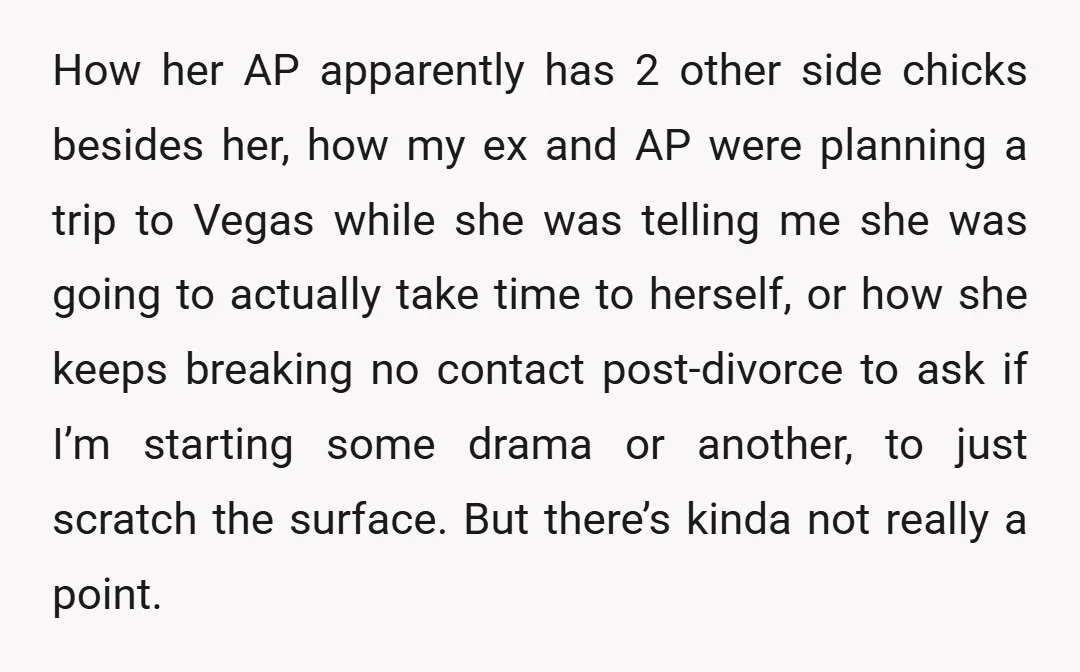 How her AP apparently has 2 other side chicks besides her, how my ex and AP were planning a trip to Vegas while she was telling me she was going...