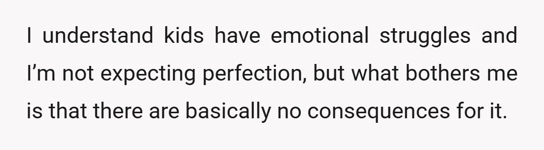 I understand kids have emotional struggles and I’m not expecting perfection, but what bothers me is that there are basically no consequences for it.