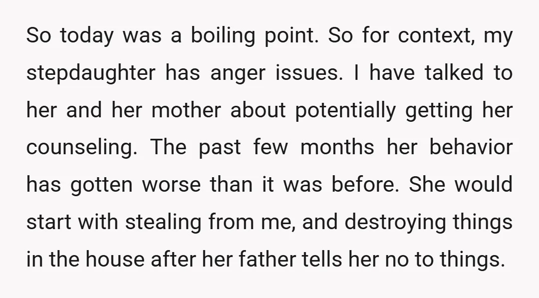 So today was a boiling point. So for context, my stepdaughter has anger issues. I have talked to her and her mother about potentially getting her counseling. The past few...