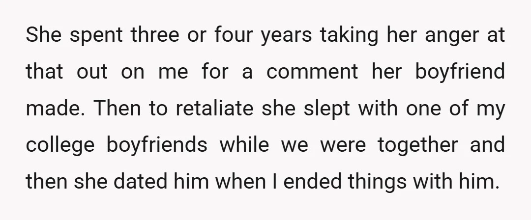 She spent three or four years taking her anger at that out on me for a comment her boyfriend made. Then to retaliate she slept with one of my college...