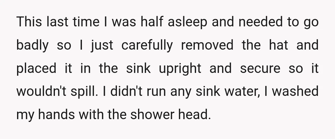 This last time I was half asleep and needed to go badly so I just carefully removed the hat and placed it in the sink upright and secure so it...