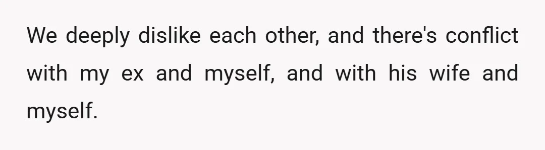 We deeply dislike each other, and there's conflict with my ex and myself, and with his wife and myself.