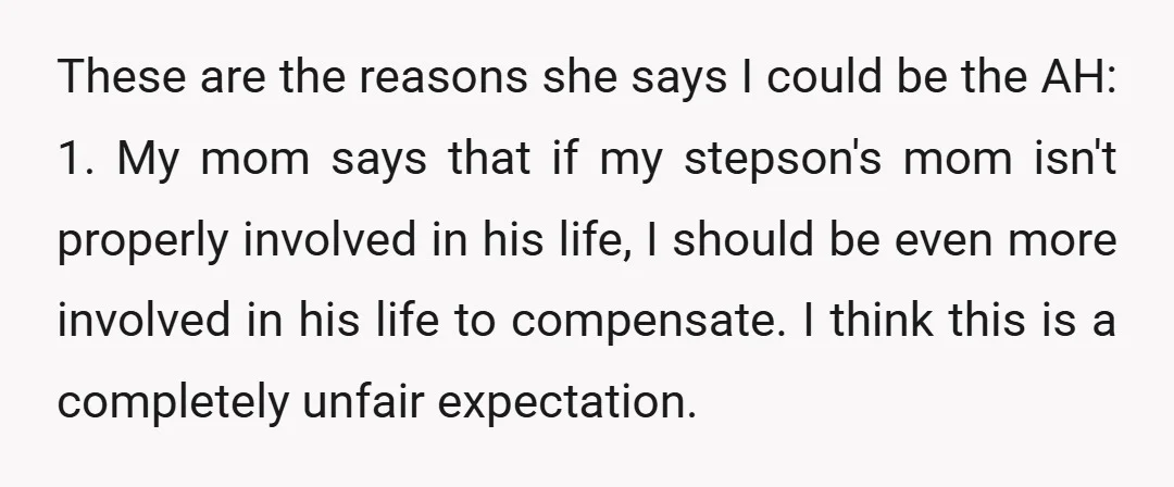 These are the reasons she says I could be the AH: 1. My mom says that if my stepson's mom isn't properly involved in his life, I should be even...