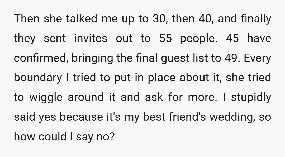 Then she talked me up to 30, then 40, and finally they sent invites out to 55 people. 45 have confirmed, bringing the final guest list to 49. Every boundary...