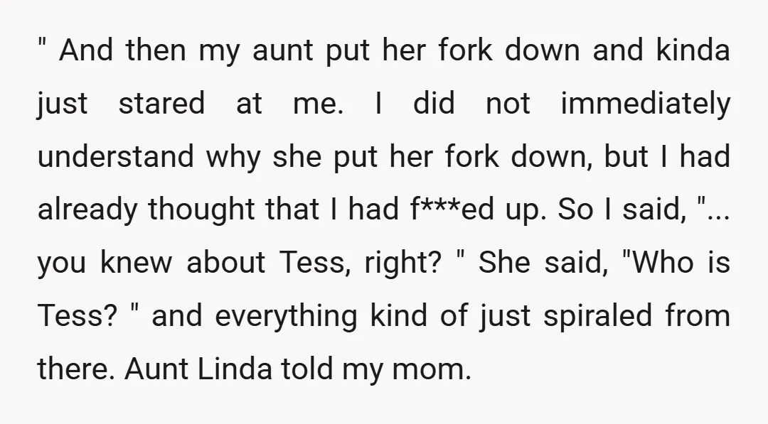 " And then my aunt put her fork down and kinda just stared at me. I did not immediately understand why she put her fork down, but I had already...
