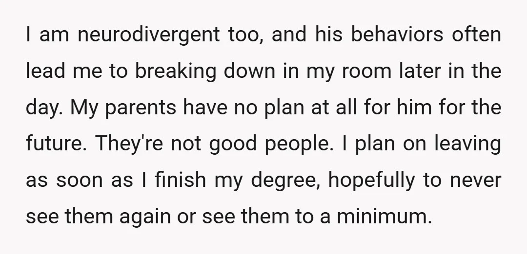 I am neurodivergent too, and his behaviors often lead me to breaking down in my room later in the day. My parents have no plan at all for him for...