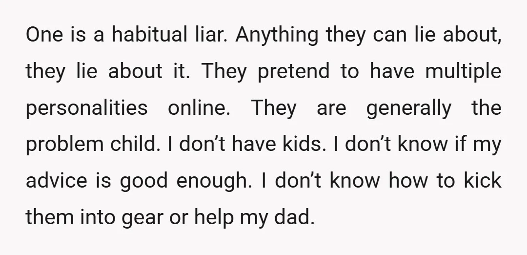 One is a habitual liar. Anything they can lie about, they lie about it. They pretend to have multiple personalities online. They are generally the problem child. I don’t have...