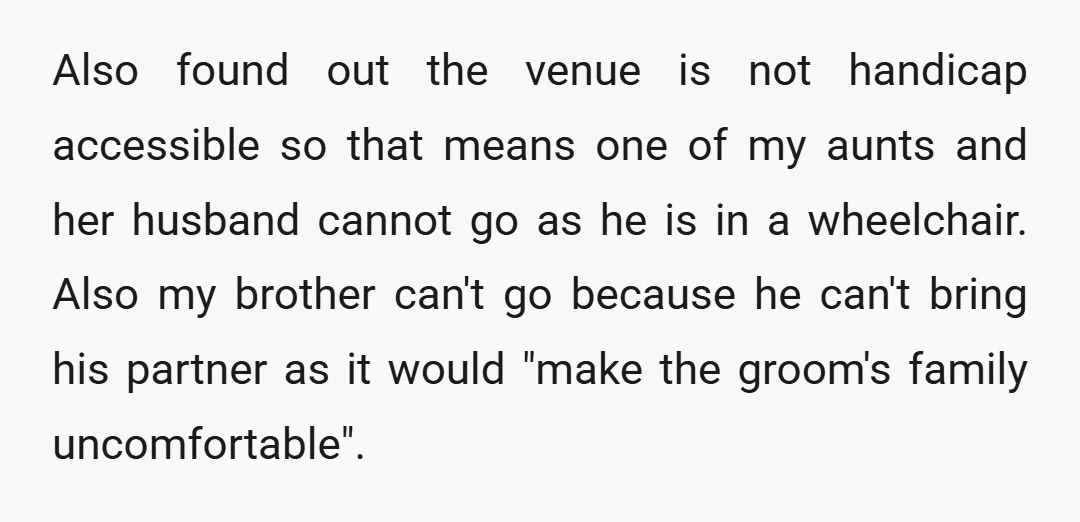 Also found out the venue is not handicap accessible so that means one of my aunts and her husband cannot go as he is in a wheelchair. Also my brother...