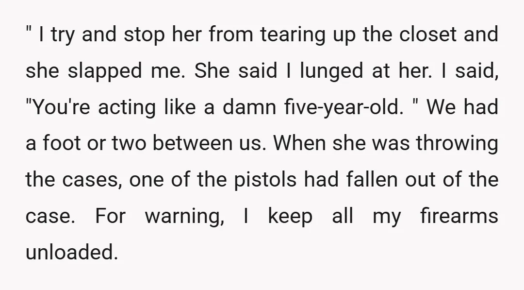 " I try and stop her from tearing up the closet and she slapped me. She said I lunged at her. I said, "You're acting like a damn five-year-old. "...