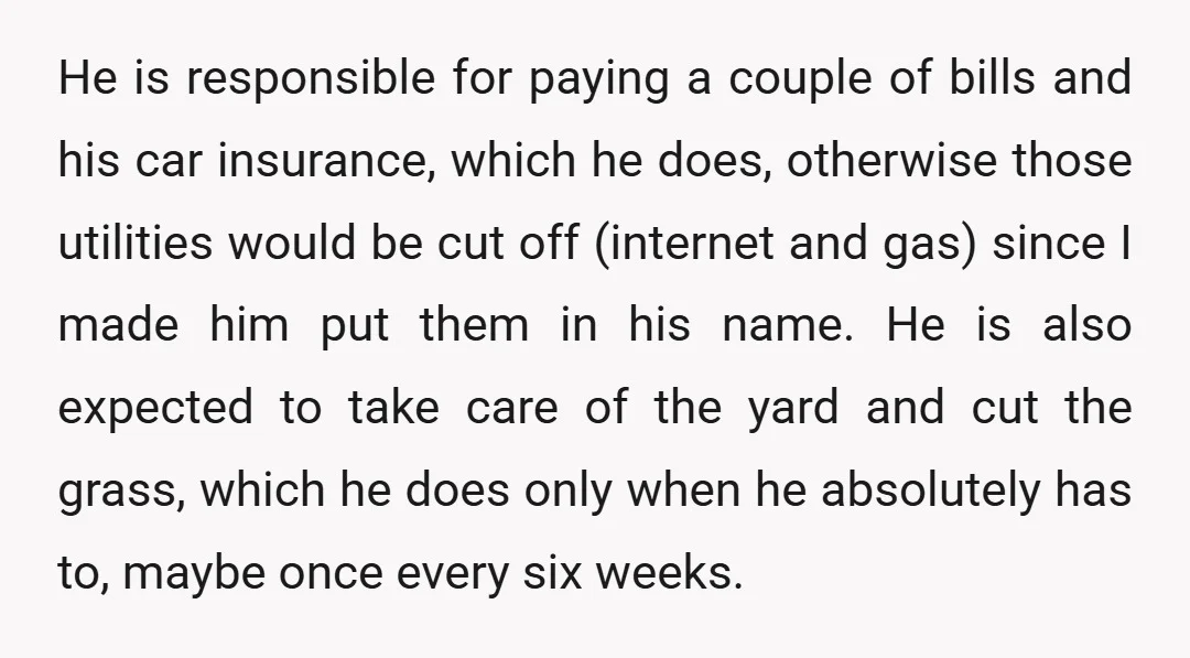 He is responsible for paying a couple of bills and his car insurance, which he does, otherwise those utilities would be cut off (internet and gas) since I made him...