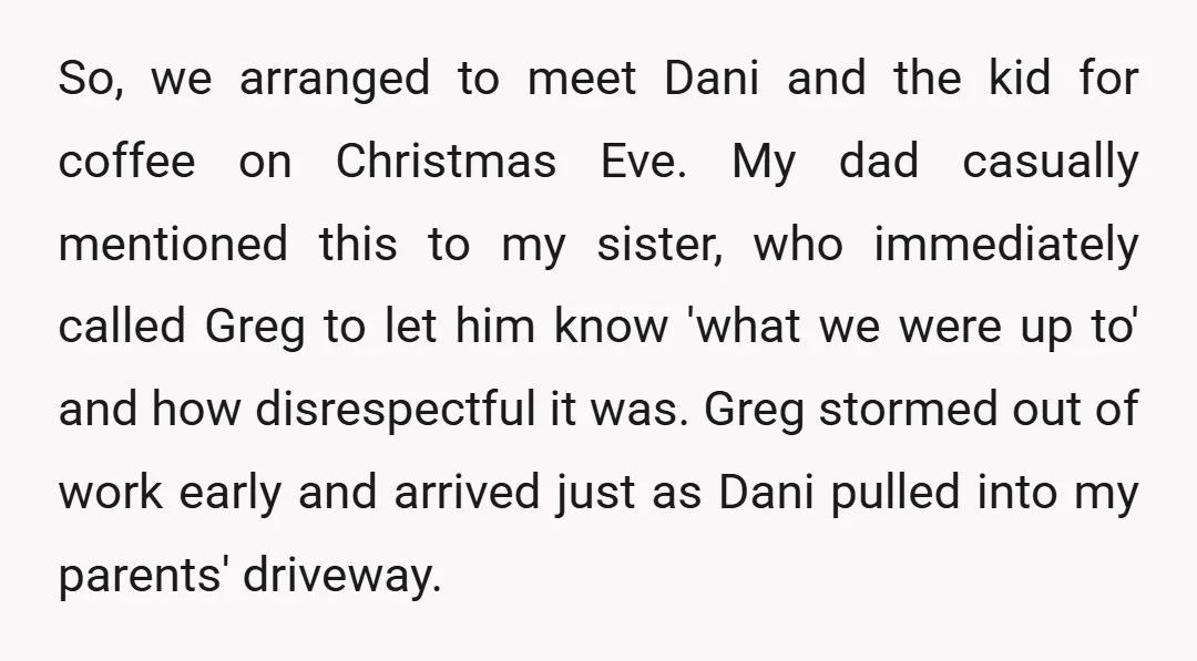So, we arranged to meet Dani and the kid for coffee on Christmas Eve. My dad casually mentioned this to my sister, who immediately called Greg to let him know...