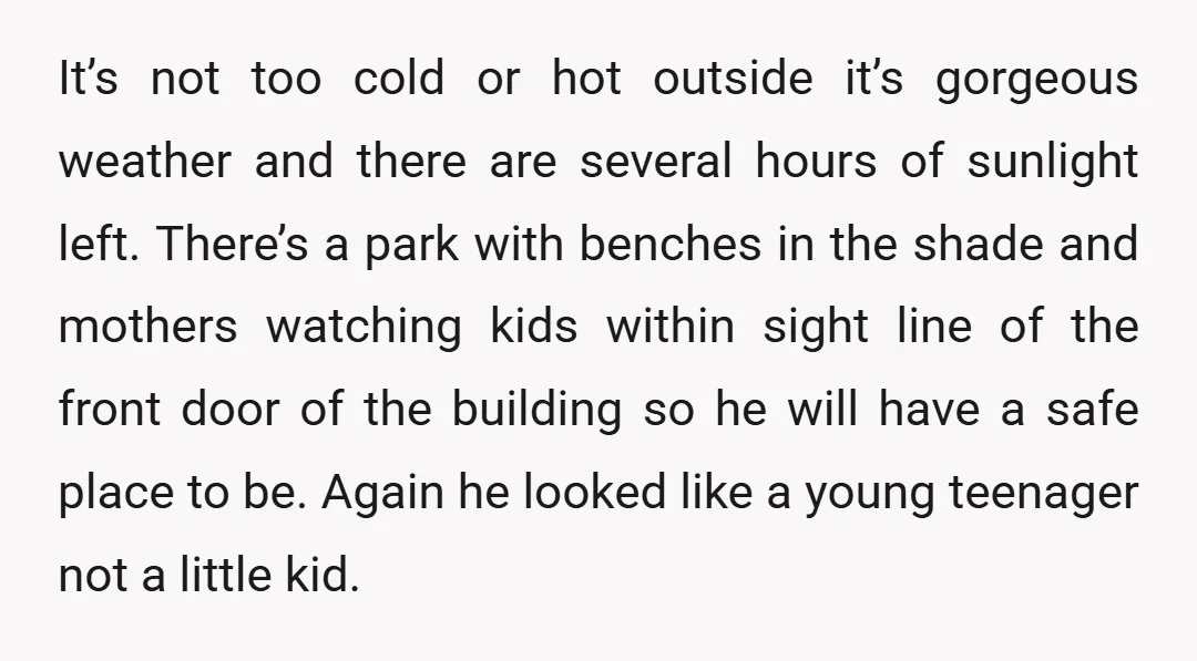It’s not too cold or hot outside it’s gorgeous weather and there are several hours of sunlight left. There’s a park with benches in the shade and mothers watching kids...