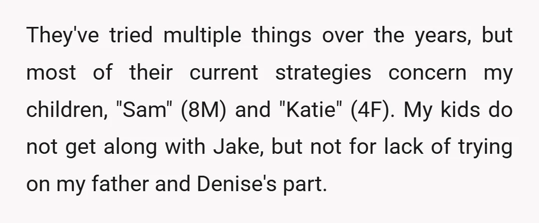 They've tried multiple things over the years, but most of their current strategies concern my children, "Sam" (8M) and "Katie" (4F). My kids do not get along with Jake, but...