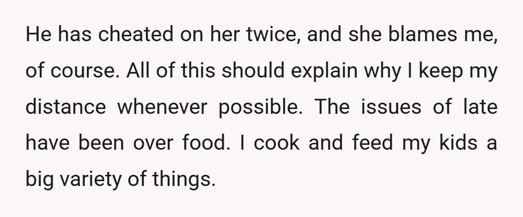 He has cheated on her twice, and she blames me, of course. All of this should explain why I keep my distance whenever possible. The issues of late have been...