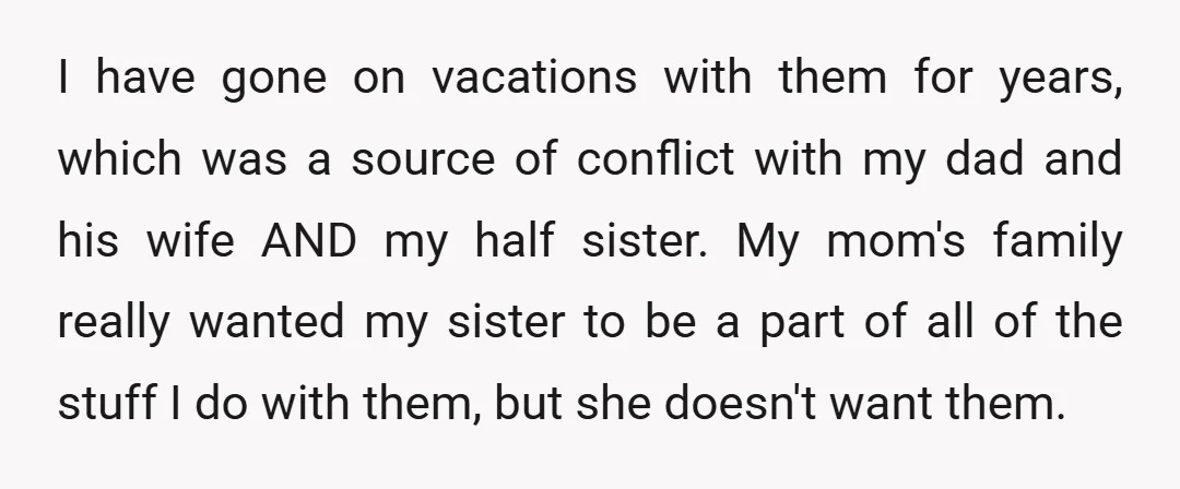 I have gone on vacations with them for years, which was a source of conflict with my dad and his wife AND my half sister. My mom's family really wanted...
