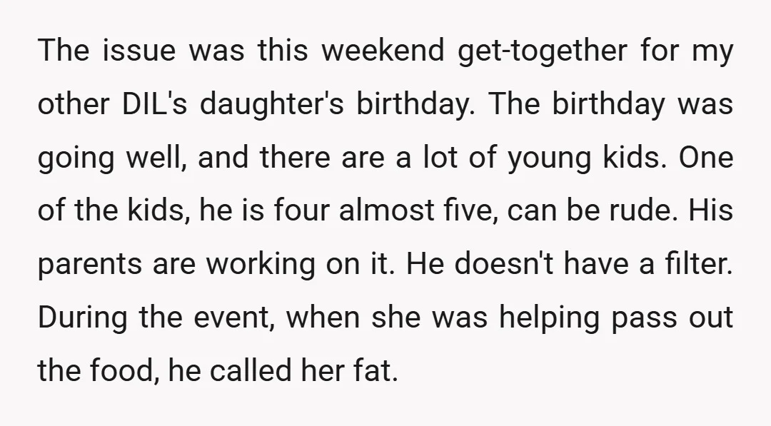 The issue was this weekend get-together for my other DIL's daughter's birthday. The birthday was going well, and there are a lot of young kids. One of the kids, he...
