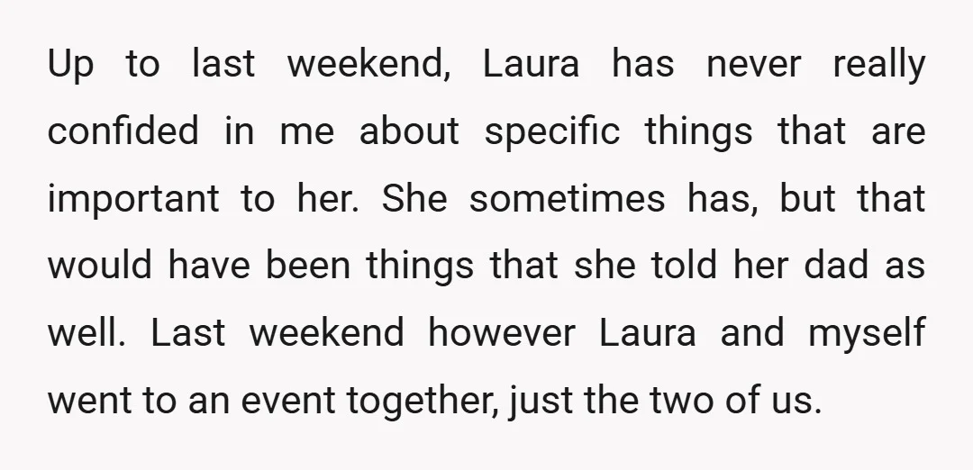 Up to last weekend, Laura has never really confided in me about specific things that are important to her. She sometimes has, but that would have been things that she...