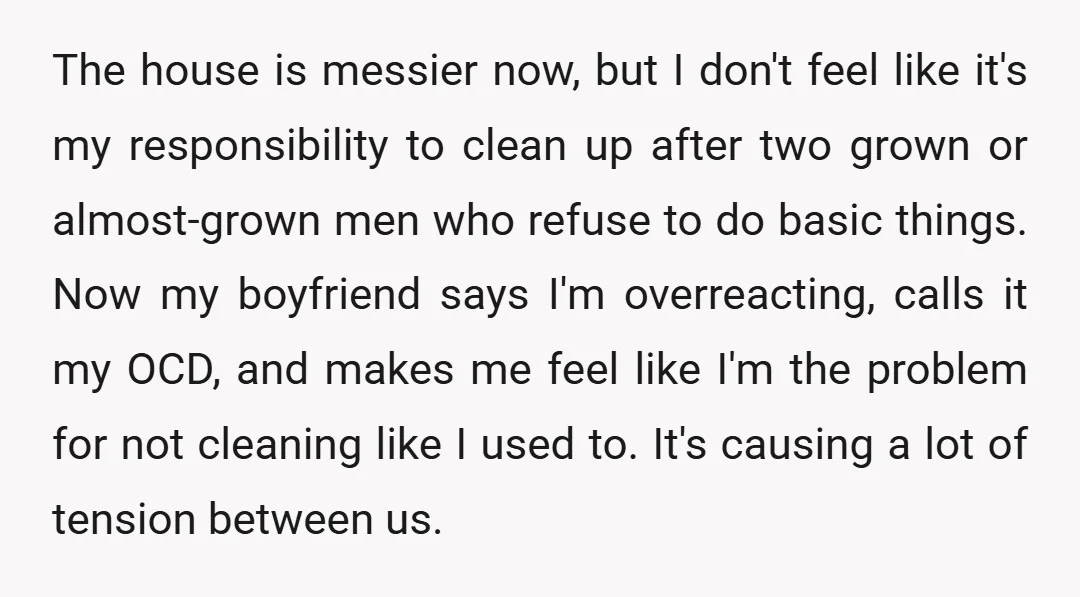 The house is messier now, but I don't feel like it's my responsibility to clean up after two grown or almost-grown men who refuse to do basic things. Now my...