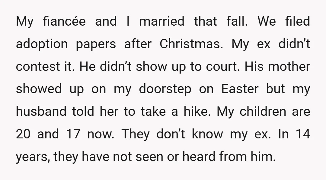 My fiancée and I married that fall. We filed adoption papers after Christmas. My ex didn’t contest it. He didn’t show up to court. His mother showed up on my...
