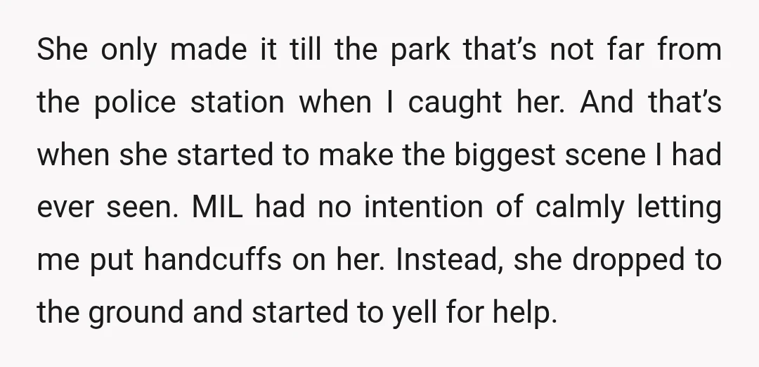 She only made it till the park that’s not far from the police station when I caught her. And that’s when she started to make the biggest scene I had...