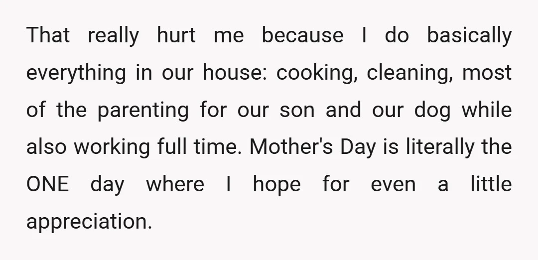 That really hurt me because I do basically everything in our house: cooking, cleaning, most of the parenting for our son and our dog while also working full time. Mother's...