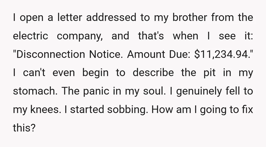 I open a letter addressed to my brother from the electric company, and that's when I see it: "Disconnection Notice. Amount Due: $11,234.94." I can't even begin to describe the...