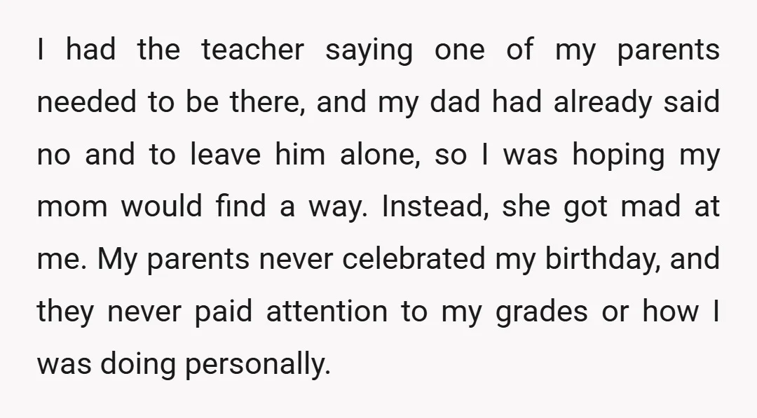 I had the teacher saying one of my parents needed to be there, and my dad had already said no and to leave him alone, so I was hoping my...