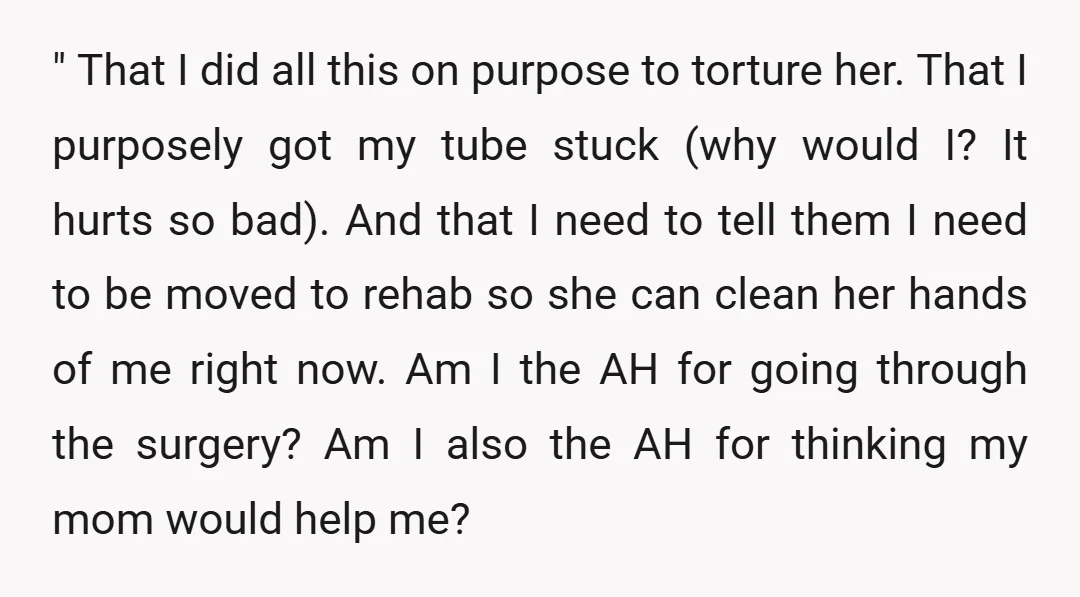 " That I did all this on purpose to torture her. That I purposely got my tube stuck (why would I? It hurts so bad). And that I need to...