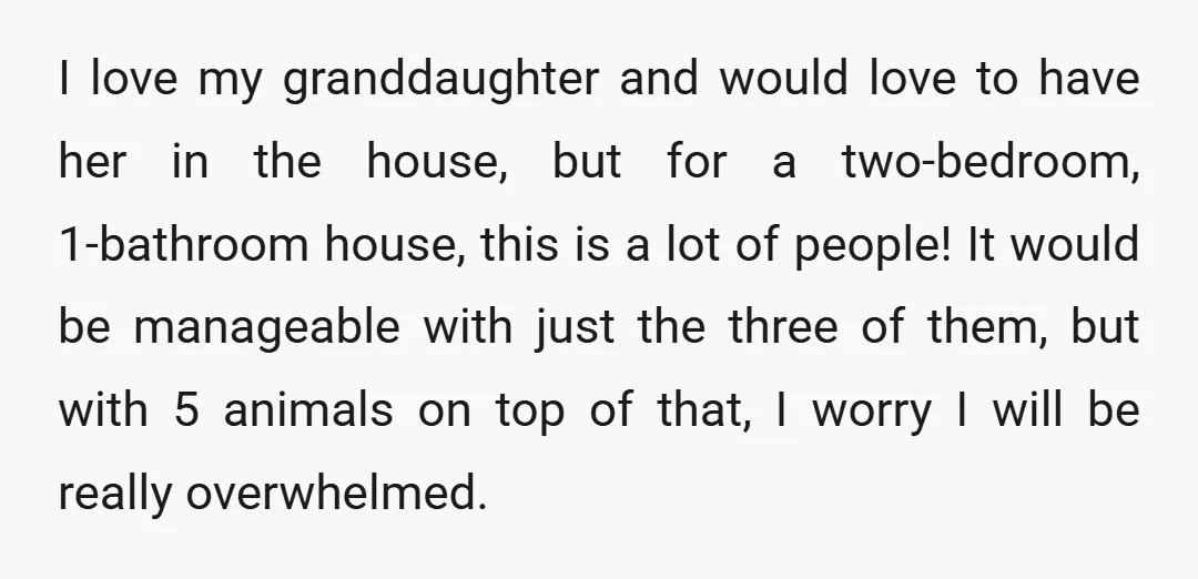 I love my granddaughter and would love to have her in the house, but for a two-bedroom, 1-bathroom house, this is a lot of people! It would be manageable with...