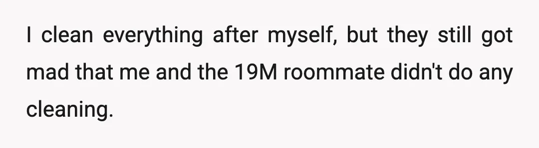 I clean everything after myself, but they still got mad that me and the 19M roommate didn't do any cleaning.