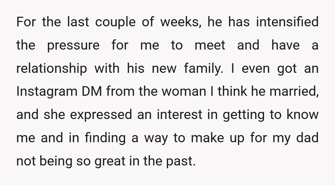 For the last couple of weeks, he has intensified the pressure for me to meet and have a relationship with his new family. I even got an Instagram DM from...