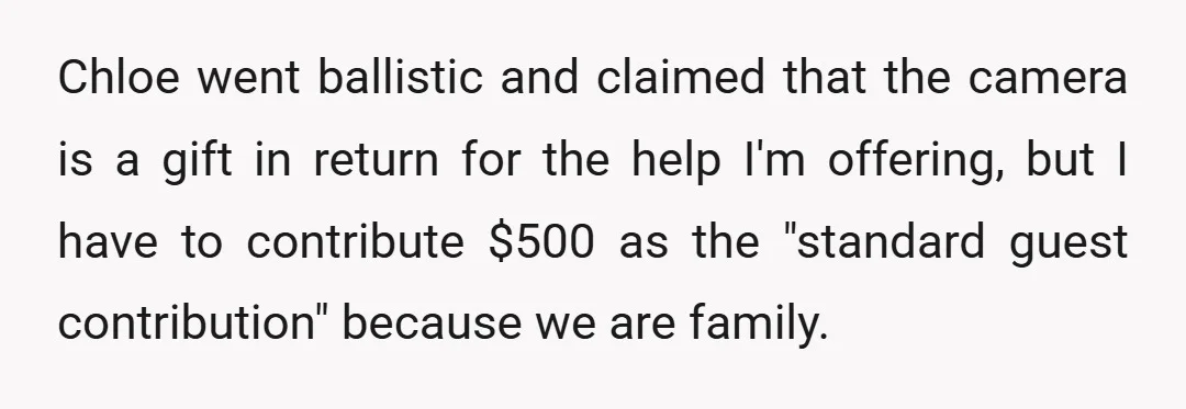 Chloe went ballistic and claimed that the camera is a gift in return for the help I'm offering, but I have to contribute $500 as the "standard guest contribution" because...