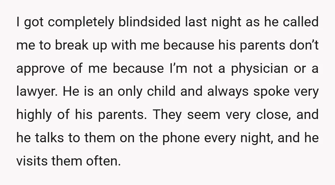 I got completely blindsided last night as he called me to break up with me because his parents don’t approve of me because I’m not a physician or a lawyer....