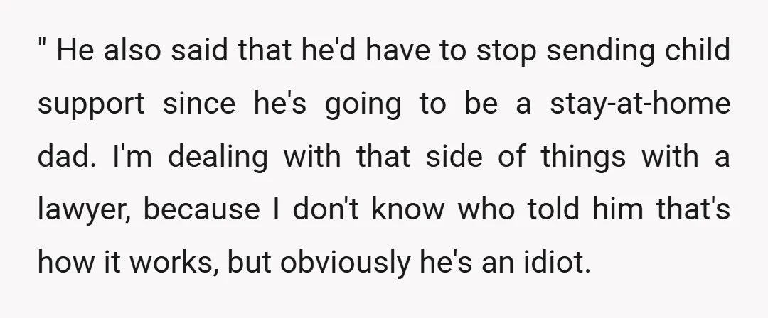 " He also said that he'd have to stop sending child support since he's going to be a stay-at-home dad. I'm dealing with that side of things with a lawyer,...