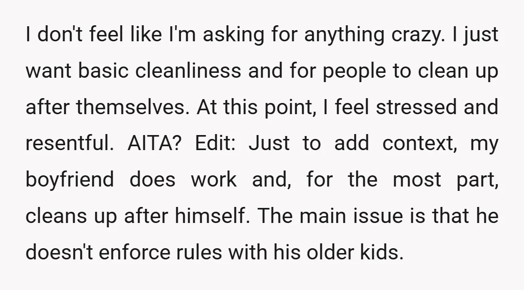 I don't feel like I'm asking for anything crazy. I just want basic cleanliness and for people to clean up after themselves. At this point, I feel stressed and resentful....