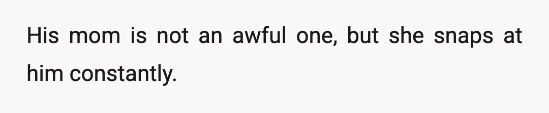 His mom is not an awful one, but she snaps at him constantly.
