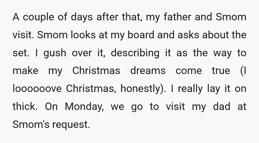 A couple of days after that, my father and Smom visit. Smom looks at my board and asks about the set. I gush over it, describing it as the way...