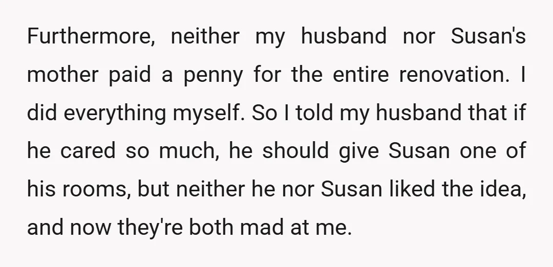 Furthermore, neither my husband nor Susan's mother paid a penny for the entire renovation. I did everything myself. So I told my husband that if he cared so much, he...