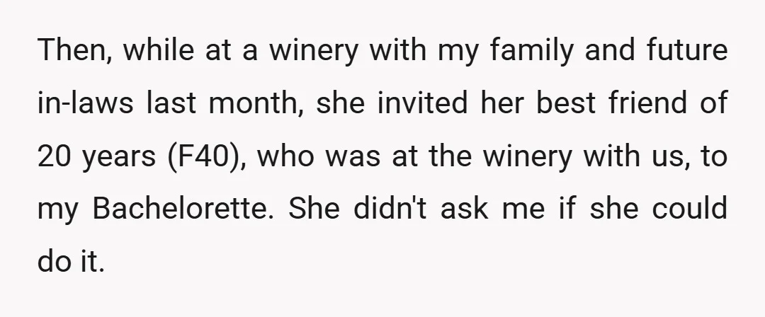 Then, while at a winery with my family and future in-laws last month, she invited her best friend of 20 years (F40), who was at the winery with us, to...