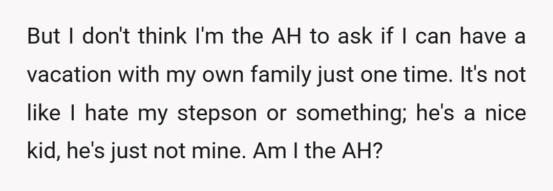 But I don't think I'm the AH to ask if I can have a vacation with my own family just one time. It's not like I hate my stepson or...