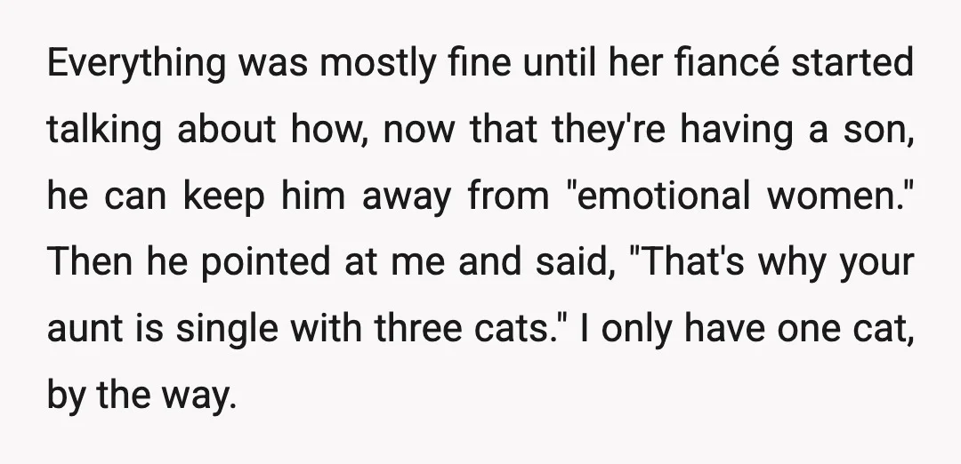 Everything was mostly fine until her fiancé started talking about how, now that they're having a son, he can keep him away from "emotional women." Then he pointed at me...