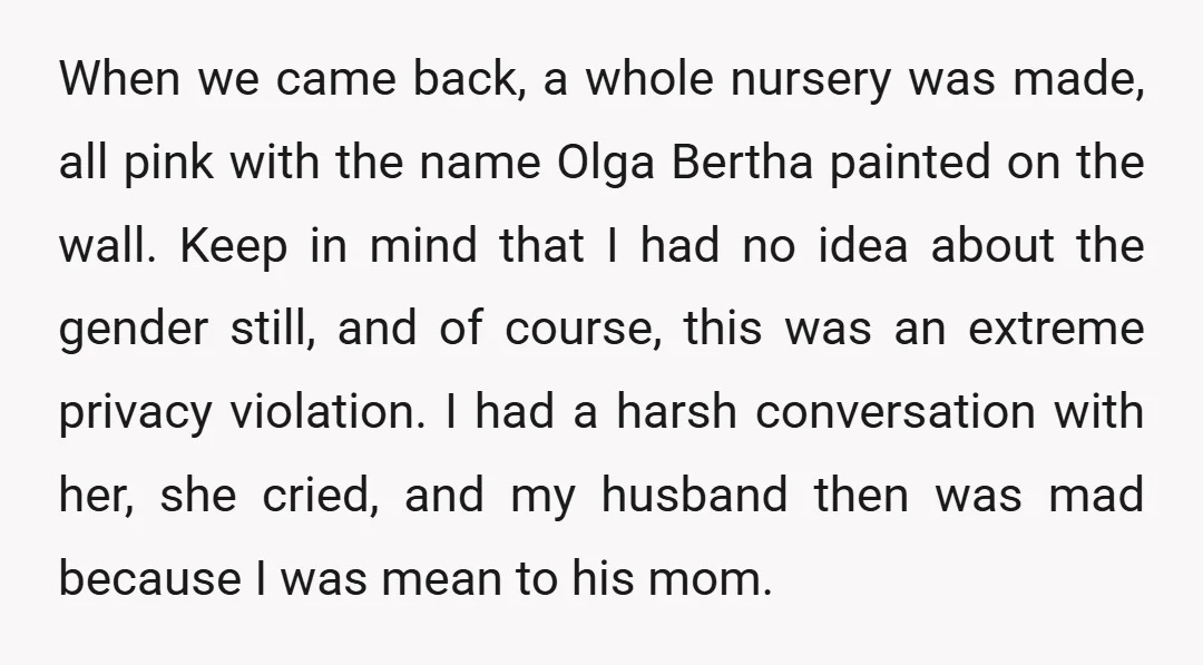 When we came back, a whole nursery was made, all pink with the name Olga Bertha painted on the wall. Keep in mind that I had no idea about the...