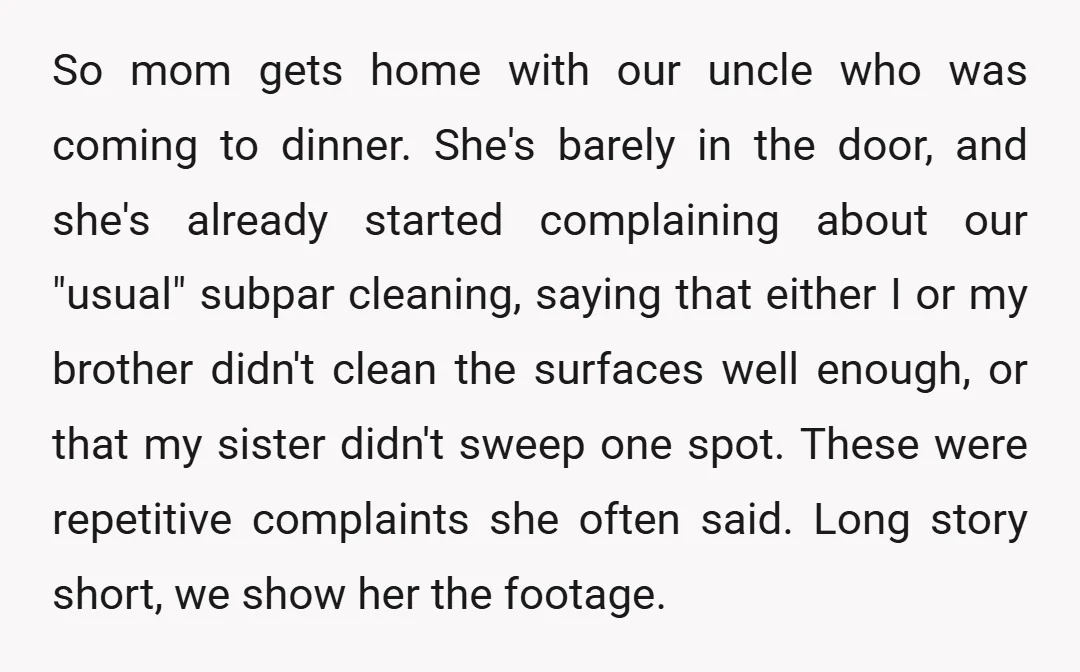 So mom gets home with our uncle who was coming to dinner. She's barely in the door, and she's already started complaining about our "usual" subpar cleaning, saying that either...