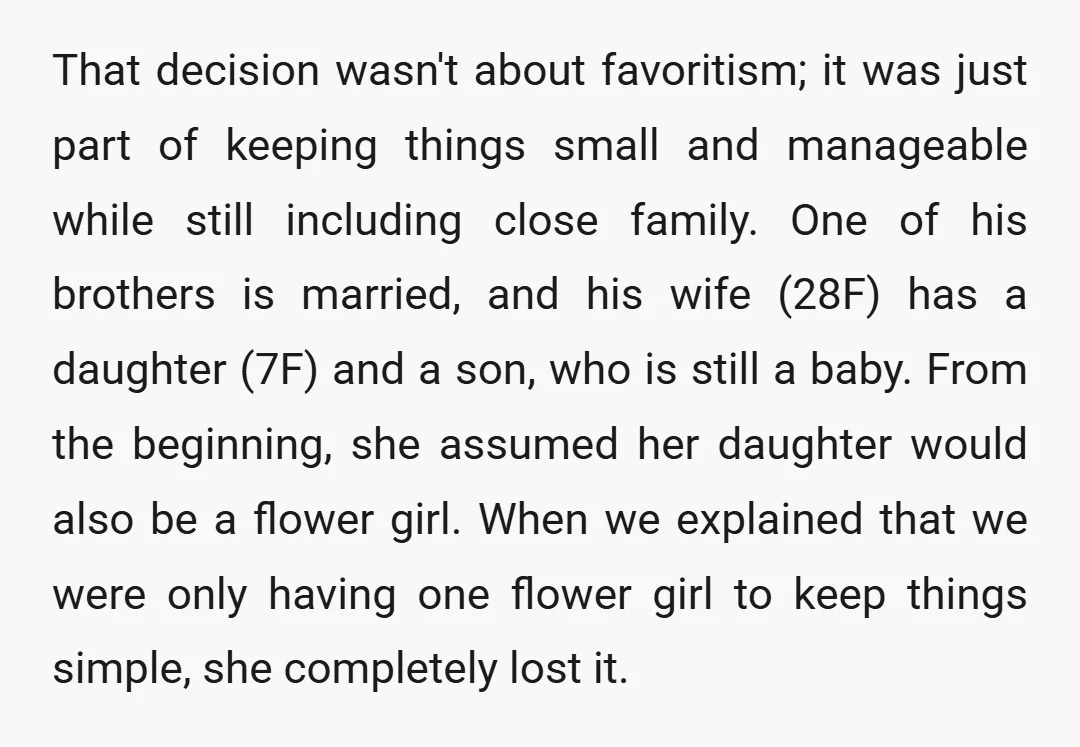 That decision wasn't about favoritism; it was just part of keeping things small and manageable while still including close family. One of his brothers is married, and his wife (28F)...