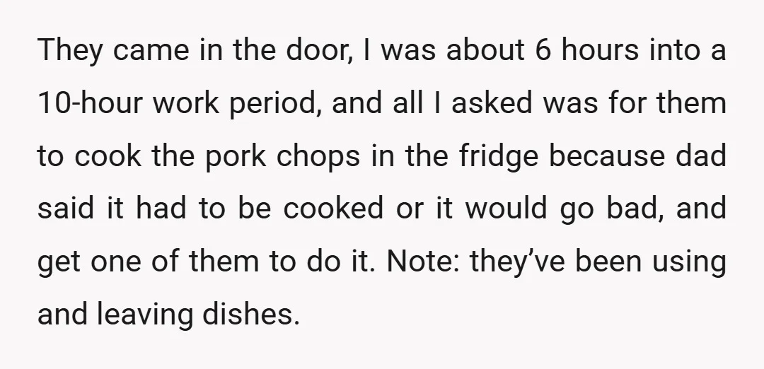 They came in the door, I was about 6 hours into a 10-hour work period, and all I asked was for them to cook the pork chops in the fridge...