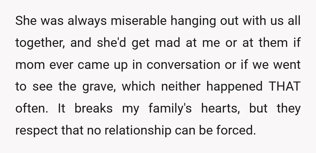She was always miserable hanging out with us all together, and she'd get mad at me or at them if mom ever came up in conversation or if we went...