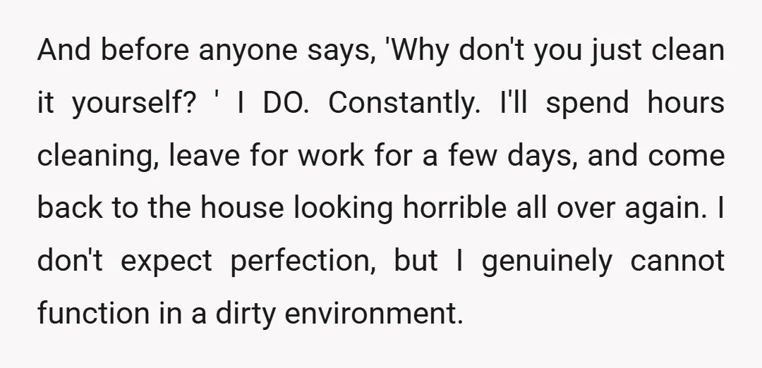 And before anyone says, 'Why don't you just clean it yourself? ' I DO. Constantly. I'll spend hours cleaning, leave for work for a few days, and come back to...