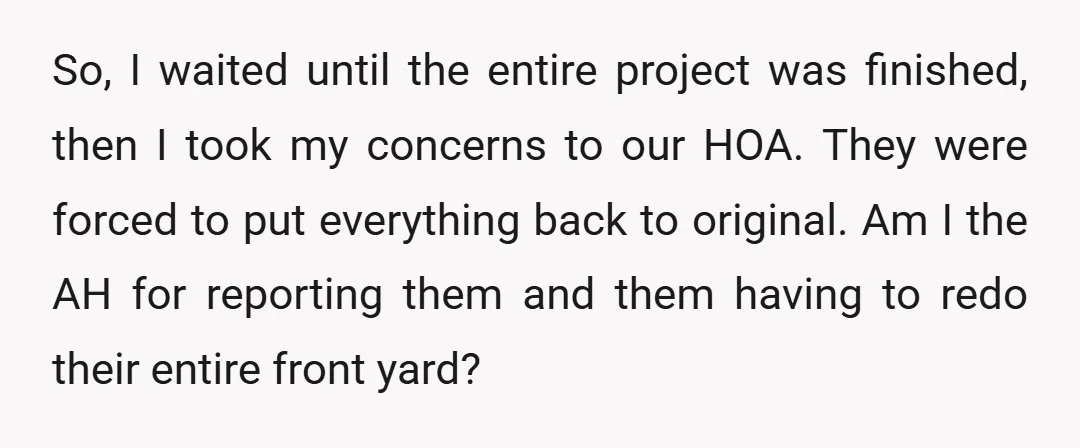 So, I waited until the entire project was finished, then I took my concerns to our HOA. They were forced to put everything back to original. Am I the AH...